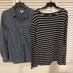 Old Navy denim shirt and navy blue & white long sleeve striped top. Both size L